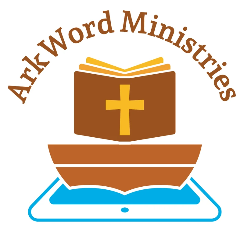 The ArkWord Ministries logo: an open Bible with a cross, resting on an ark